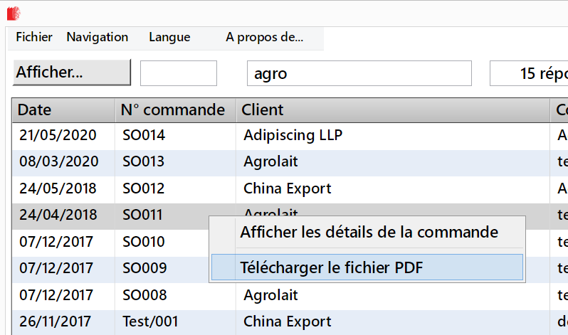 affichage des commandes